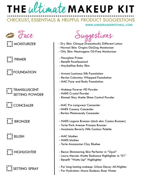 Anne Marie Mitchell  The Ultimate Makeup Kit Checklist  Free Printable Download Makeup Kit For Bride List, Makeup Kit For Bride, Makeup List For Beginners, Neutrogena Oil Free Moisturizer, Makeup Checklist, Complete Makeup Kit, Makeup Essentials For Beginners, Basic Makeup For Beginners, Basic Makeup Kit