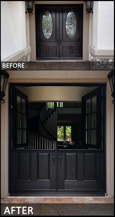 These stunning doors are 7/0x8/0! Masonite Fiberglass double dutch entry door system. Clear glass with 6-Lite SDL and Bronze GBG. Mahogany grain, factory painted Black exterior, Patio White interior. Kwikset Austin hardware with Halo Touchscreen electronic deadbolt in Venetian Bronze. Installed in Laguna Niguel, CA. Black Dutch Door, Dutch Front Door, Luxury Garage, Laguna Niguel, Garage Interior, Dutch Door, Black Exterior, White Interior, Double Doors