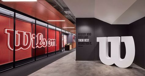 Wilson Sporting Goods, Sports Office, Office Branding, Ceiling Installation, 3d Laser, Corporate Office, Locker Room, Modern Branding, Experience Design