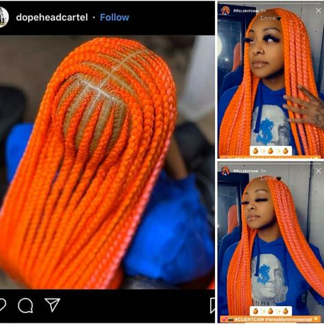 Braid Styles For Big Heads, Neon Orange Braids, Baddie Cornrows, Orange Box Braids, Orange Braids, Style Knotless, Ghana Weaving Styles, Style Braids, Ghana Weaving