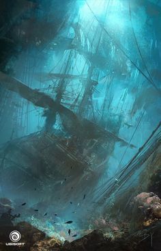 Dark Underwater Aesthetic, Underwater Kingdom Aesthetic, Shipwreck Underwater, Underwater Shipwreck, Underwater Ruins, Navi A Vela, Bawah Air, Under The Water, Ghost Ship