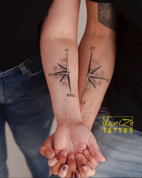 Explore the ultimate guide to couple tattoos, from choosing meaningful designs to selecting the perfect placement. Celebrate love with a unique ink story! Couple Compass Tattoo Love, Couple Star Tattoos, Romantic Couple Tattoos, Married Couple Matching Tattoos, His And Hers Compass Tattoo, Joining Tattoos For Couples, Compass Tattoos For Couples, Compass With Coordinates Tattoo, Compass Couple Tattoo Ideas