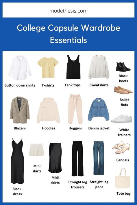 These are the college capsule wardrobe essentials for students. They are versatile and timeless. Most of the items are easy to wear and comfortable. Learn more on how to build your own college capsule wardrobe, the checklist and get inspired with a visual guide for outfit inspirations! College Capsule Wardrobe, College Wardrobe Essentials, College Style Outfits, Uni Fashion, College Girl Outfits, College Dress, Back To University, Cute College Outfits, School Outfits For College