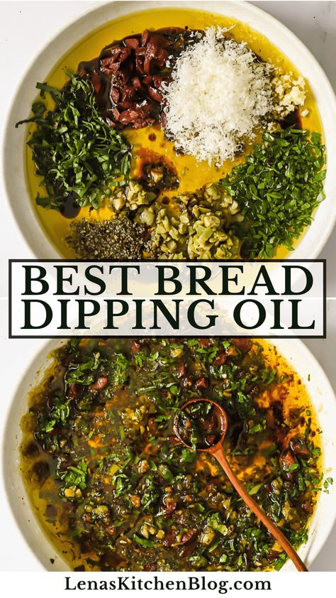 This Bread Dipping Oil is a quick and easy way to elevate your appetizer game! Rich extra-virgin olive oil, tangy balsamic vinegar, fresh herbs, and savory olives make the most flavor-packed dip. Serve it with warm, crusty bread for a simple yet elegant starter that will impress all your dinner guests! Bread With Balsamic Vinegar And Oil, Balsamic Vinegar Bread Dip, Balsamic Bread Dipping Sauce, Italian Oil Bread Dip, Focaccia Bread Dipping Sauce, Garlic Infused Olive Oil Recipes, Olive Oil And Balsamic Bread Dip, Dipping Oil For Bread Recipe, Bread Dipping Oil Recipe Easy