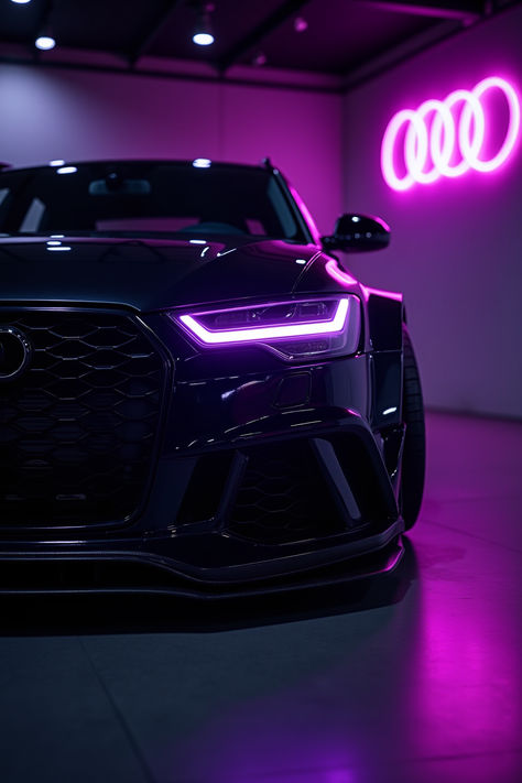 black audi rs6 station wagon, parked in a dim lit clean fancy luxury empty showroom with purple lighting. purple led headlights on, neon audi logo sign in the background Audi R8 Purple Wallpaper, Car Studio Lighting, Black And Purple Car, Audi Background, Audi Rs6 Black, Purple Audi, Audi Aesthetic, Audi R8 Sport, J Cole Lyrics