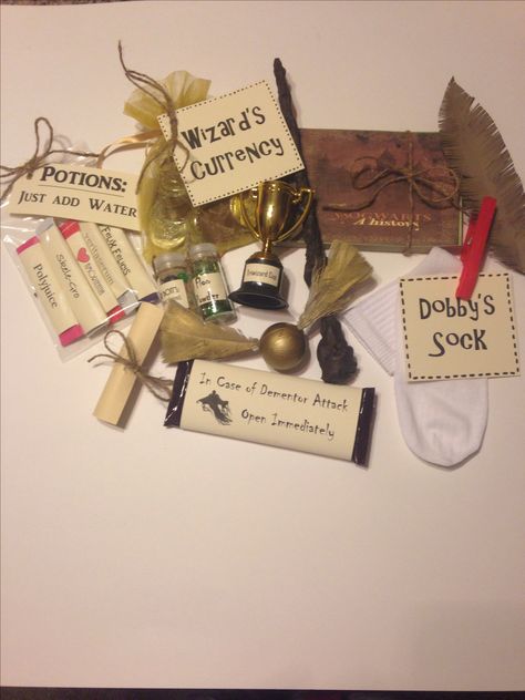 Inexpensive homemade Harry Potter care package! Triwizard Cup, Dobby's sock, wizard currency, golden snitch, Bertie Bott's every flavor beans, floo powder, quill, Hogwarts a History, 'just add water' potions, dementor attack chocolate, and of course a wand! Hogwarts A History, Harry Potter Presents, Floo Powder, Triwizard Cup, Harry Potter Christmas Decorations, Harry Potter Ornaments, Every Flavor Beans, Harry Potter Christmas Tree, Harry Potter Bday