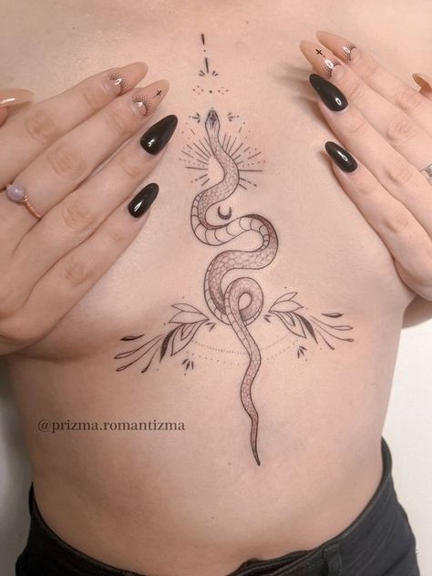 feminine Ornamental snake Sternum Tattoo underboob tattoo ���� ���� ��� ������ #tattooideas #tattooideasforgirls #tattooideasforguys #womenstattoo #tattoodesign #tattoostyle Tattoo Ideas Female Sternum Chest Piece, Cute Sternum Tattoo Women, Medusa Sternum Tattoo, Tattoo Ideas Sternum, Female Sternum Tattoo, Ornamental Snake, Snake Sternum Tattoo, Sternum Tattoo Design Unique, Zoe Kravitz Tattoos