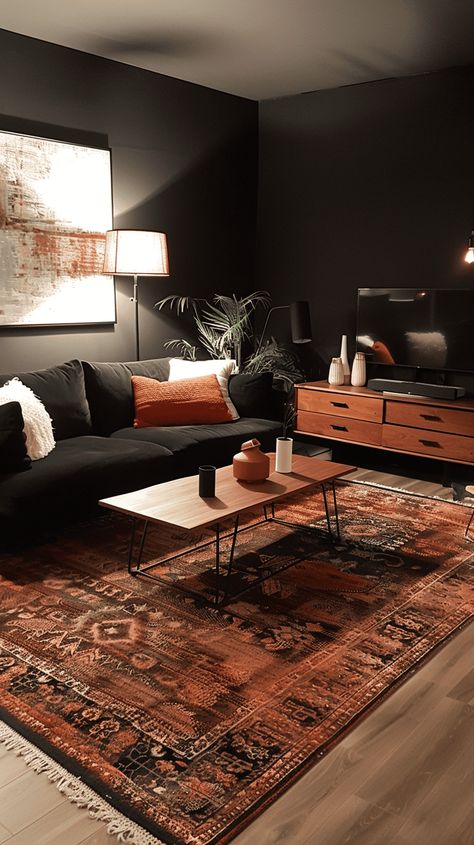 52 Black And Rust Living Room Decor Ideas Rustic Orange Living Room, Industrial Cozy Living Room, Black And Brown Living Room Ideas, Bachelor Living Room Decor, Brown Black And White Living Room, Rockstar Living Room, Rust Living Room Decor, Rust Couch Living Room Ideas, Black And Rust Living Room