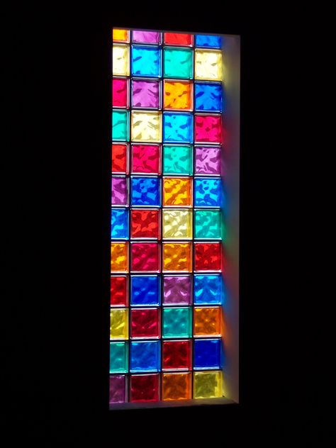 Lovely coloured glass window. Colored Glass Block, Graffiti Furniture, Glass Blocks Wall, Kitchen Basement, Glass Block Windows, Window Reflection, Glass Brick, Glass Cube, Glass Block