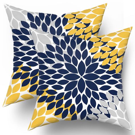 Navy Yellow Living Room, Couch Room, Spring Summer Home Decor, Cotton Sofa, Punch Embroidery, Yellow Pillow Covers, Bed Cushion, Blue Yellow Grey, Yellow Throw Pillows