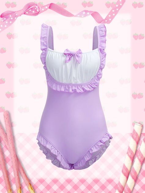 ROMWE Kawaii 2 In 1 Frill Ruched Bust Bow Decor One Piece Swimsuit Kawaii Swimming Suits, Romwe Finds, Kawaii Swimsuit One Piece, Kawaii Swimwear, Purple Swimsuit Aesthetic, Pastel Swimsuit, Swimsuit Kawaii, Kawaii Swimsuit Bikinis, Cutecore Swimsuit