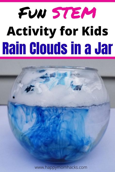 Rain Clouds in a Jar - Stem Activity for Kids. All you need is shaving cream and food dye to make this super easy Science experiment for kids at home. They'll be in awe watching how rain comes from clouds. #STEM #stemactivityforkids #scienceexperiment #raincloudsinajar Fun Kids Experiments At Home, Rain Cloud In A Jar Experiment, Rain Cloud In A Jar, Cloud In A Jar, Science Experiment For Kids, Purposeful Play, Experiment For Kids, Bored Jar, Weather Science