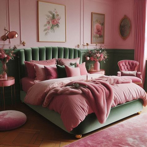 Pink and Green Bedroom Dark Pink And Green Bedroom, Pink And Emerald Bedroom, Pink Green Gold Bedroom, Olive And Pink Bedroom, Pink Bedroom Color Palette, Black Pink And Green Bedroom, Pink And Green Boho Bedroom, Pink And Green Rooms, Green Velvet Bedroom Ideas