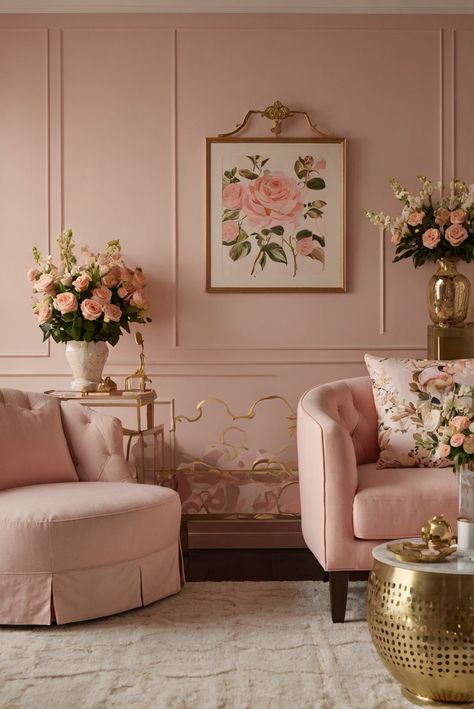 Step into the world of 2024 trends with a palette that screams romance and elegance. Blush pink and gold reign supreme for a luxurious touch! #ad     #Colortrend #wallpaint2024  #color2024  #DIYpainting  ##DIYhomedecor  #Fixhome Pink Interior Design Home Decor, Blush Living Room, Bronze Decor, Glamour Decor, Gold Rooms, Pink Furniture, Gold Living Room, Gold Bedroom, Pink Wall