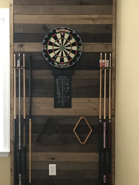 Dartboard wall Billiards room Garage Man Cave Ideas Pool Table, Game Room Dart Board Wall, Billiards Room Decor Rustic, Games Room Bar Ideas, Pool Table Wall Decor, Pool Table In Garage, Games Room Garage, Industrial Game Room Ideas, Shiplap Dartboard Wall