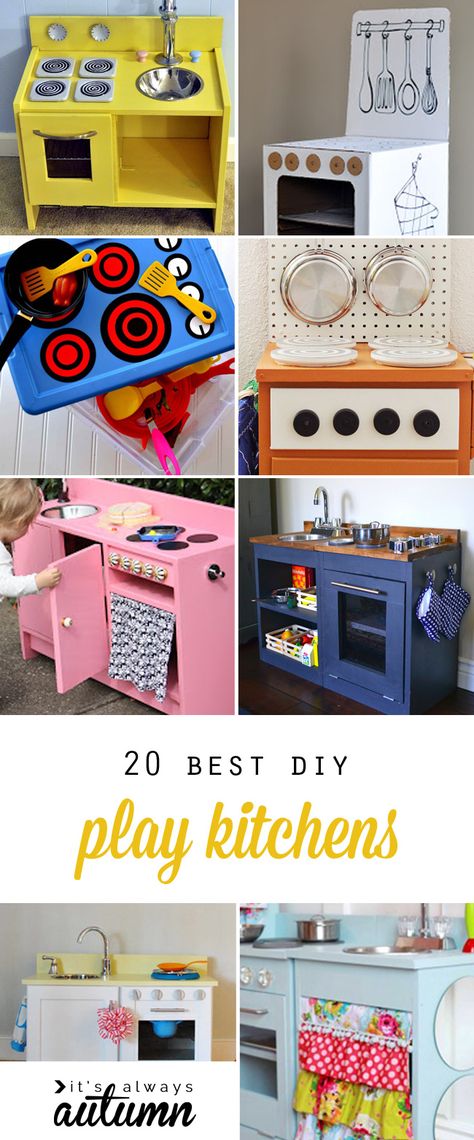 Play kitchens are a great Christmas gift! Learn how to build your own toy kitchen with these 20 best play kitchen tutorials. Click through for ideas and instructions to make an easy cardboard kitchen, a custom wood kitchen, kitchens made from thrifted furniture, and more! How To Build A Toy Kitchen, Cardboard Kitchen Diy For Kids, Diy Kid Kitchen, Diy Kitchen For Kids, Diy Kids Kitchen Ideas, Kids Kitchen Ideas, Kitchen For Kids, Kids Kitchen Diy, Diy Play Kitchen Ideas