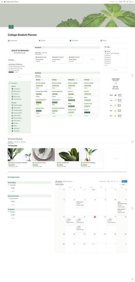 It consists of the following:

- flashcards
- notebooks
- Weekly, monthly and daily spreads
- Habit tracker
- Assessment tracker
- Group project organizer
- Wallet (financial planner)
- Portfolio (with digital resume)
- Library
- Coursework organiser and tracker
- Course tracker
- Report Card
- Goal tracker

Furthermore, you can customize and personalize the planner to suit your individual needs. For instance, you can add notes, to-do lists, or reminders to help you stay on track. Notion To Do List, Notion Green, University Notion, Assessment Tracker, Class Schedule College, Notion Student Planner, Notion Habit Tracker, Project Organizer, University Planner