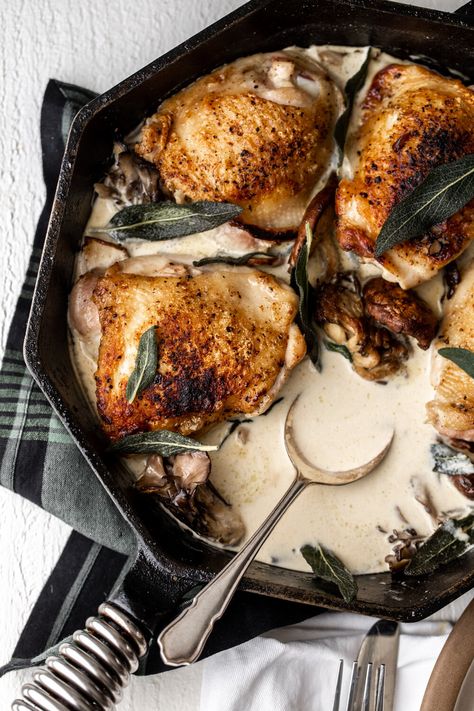 Sage Cream Sauce, Pan Seared Chicken Thighs, Fancy Lunch, Creamy White Wine Sauce, Chicken Thighs Mushrooms, French Party, Crispy Chicken Thighs, Pan Seared Chicken, French Recipes