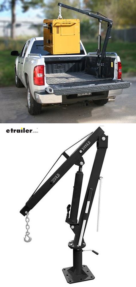 This heavy-duty crane mounts in your truck bed so you can lift up to 1,000 lbs using the attached chain and hook. Versatile crane rotates a full 360 degrees and has 2 boom positions to accommodate different loads. Crane boom removes for storage. Truck Accessories Diy, Accessoires 4x4, Crane Lift, Car Accessories For Guys, Pickup Truck Accessories, Truck Cargo, Chevy Trucks Older, Truck Mounted Crane, Truck Detailing