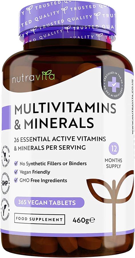 Multivitamins & Minerals - 365 Vegan Multivitamin Tablets - 1 Year Supply - Multivitamin Tablets for Men and Women with 26 Essential Active Vitamins & Minerals - Made in The UK by Nutravita Multivitamin For Women, Multivitamin Tablets, Multivitamin Supplements, Probiotics Supplement, Pantothenic Acid, Vitamins For Women, Vitamin K, Vitamin D3, Vitamin B12