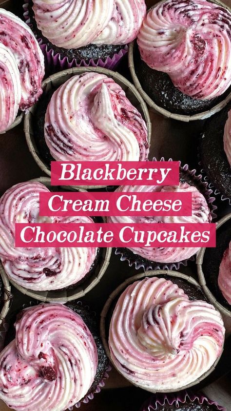 There is so much to love about these cupcakes, from the rich, moist chocolate cake base to the creamy and tangy blackberry cream cheese frosting. These Blackberry Cream Cheese Chocolate Cupcakes are the perfect treat to share with the whole family! Blackberry Cream Cheese, Cake Base, Gourmet Cupcakes, Rich Chocolate Cake, Moist Chocolate Cake, Baking Sweets, Dessert Cupcakes, Yummy Cupcakes, Frosting Recipes