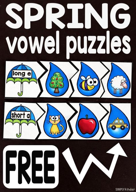 Spring Short and Long Vowel Puzzles - Simply Kinder Spring Lessons, Vowel Activities, Spring Kindergarten, Literacy Centers Kindergarten, Kindergarten Language Arts, Long Vowel, Long Vowels, Kindergarten Centers, Literacy Stations