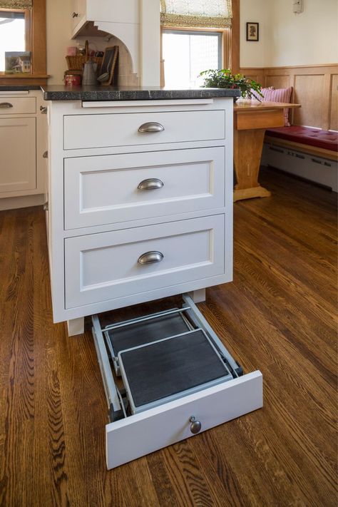 A pullout keeps a step stool handy for reaching upper cabinets. Pullouts also make deep cabinets more functional. Pull Out Step Stool, Kitchen Pullout, Custom Radiator Covers, Recessed Cabinet, Upper Kitchen Cabinets, Inset Cabinets, Oak Trim, Ceiling Texture, Cabinet Fronts