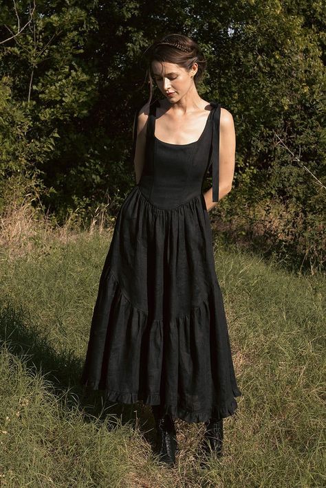 Mirabelle Dress in Black Linen -  #Black #Dress #Linen #Mirabelle Of Her Own Kind Dress, Witchy Green Dress, Cottagecore Outfits Black, Whimsigoth Black Dress, Gothic Summer Dress, Spring Black Tie Dress, Black Cottage Core Dress, Casual Black Wedding Dress, Southern Gothic Dress