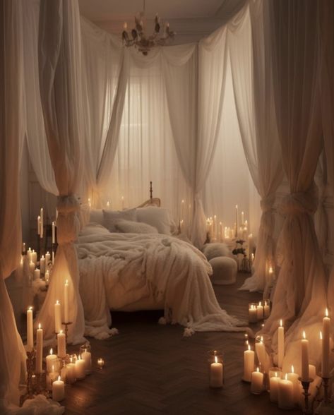 Canopy Bed With Drapes, Fantasy Bedroom, Romantic Bed, Cozy Fall Bedroom, Dream Life House, Gorgeous Houses, Bedroom Decor Cozy, Princess Core, Fall Bedroom