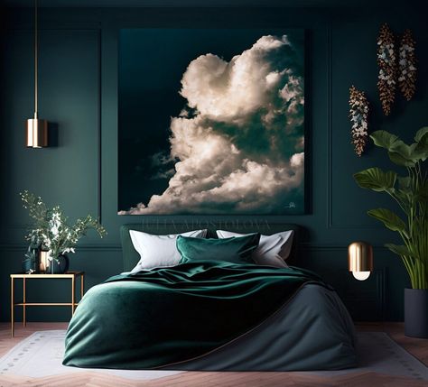 Dark Teal Bedroom Ideas, Dark Teal Bedroom, Teal Wall Art, Teal Bedroom, Dark Bedroom, Teal Walls, Oversized Art, Cloud Painting, Hotel Decor