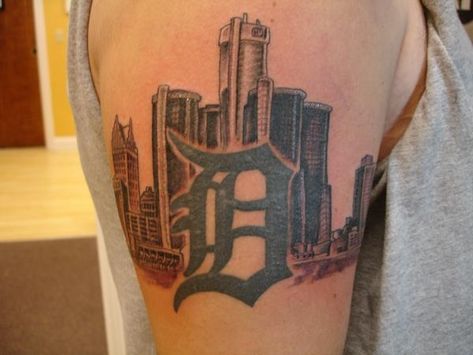 Detroit Tattoo Ideas, Detroit Tattoo, Skyline Tattoo, Detroit Skyline, Arm Tats, Sleeves Ideas, Tattoo Cover-up, Time Tattoos, Leg Sleeves