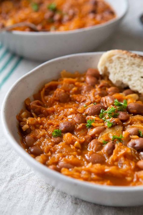 Sauerkraut and Bean Stew (Slovenian Jota) by The Minimalist Vegan. #veganjota #slovenianrecipes #slovenianstew #slovenianjota #veganstew #sauerkrautrecipe Vegan Stew, Sauerkraut Recipes, Bean Stew, Vegan Soups, Bean Recipes, Vegan Dinners, Heart Healthy, Soups And Stews, Healthy Dinner