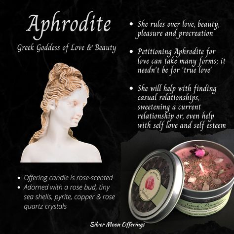 Silver Moon Offerings specializes in creating offering candles with the deities' favored offerings in mind. Many more candles precisely made for deities and demons to choose from! #greekgods #greekgodsandgoddesses #pagan #witch #deity Aphrodite Candle Offering, Venus Worship, Aphrodite Deity, Aphrodite Offering, Moon Offering, Hellenic Paganism, Aphrodite Greek Goddess, Aphrodite Altar, Goddess Ritual