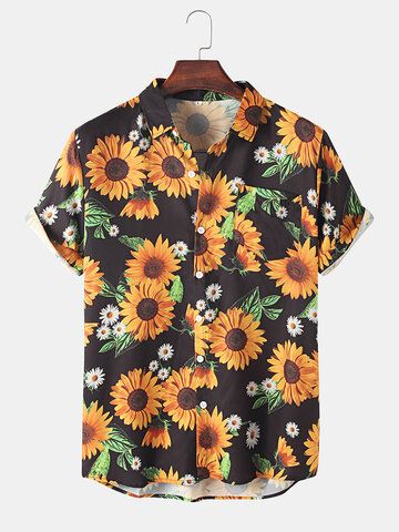 Sunflower Shirt, Mens Shorts Summer, Sunflower Print, Hawaiian Style, Flower Shirt, Chiaroscuro, Printed Sleeves, Casual Style Outfits, Look Cool