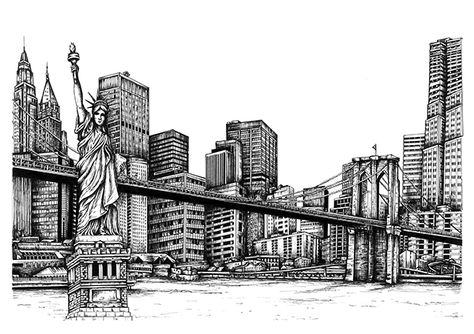 New York Skyline on Behance New York City Sketch, Skyline Sketch, America Theme, Silent Book, City Sketch, Sketchbook Journaling, Book Art Drawings, City Skyline, Architecture Drawing