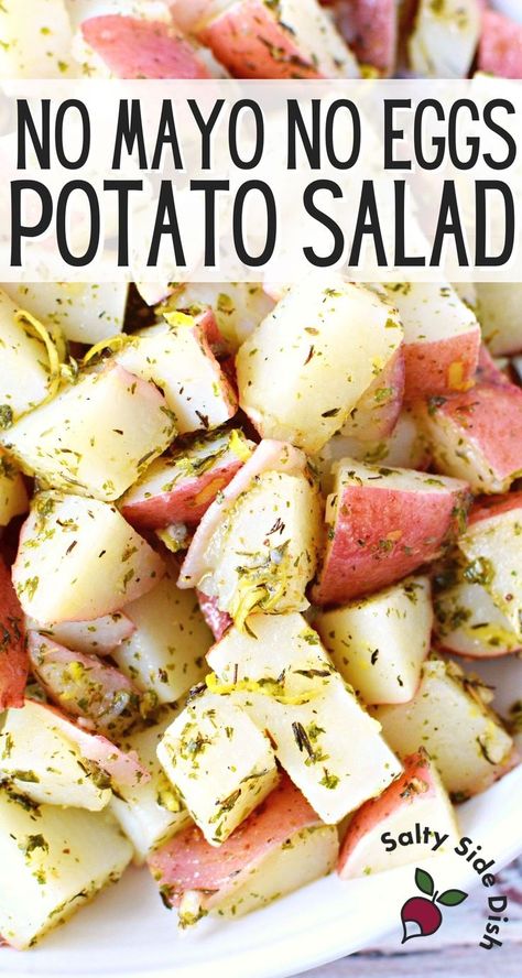 No Mayo Red potato salad with light lemon, herbs, and olive oil dressing is a delicious potato side dish that can be served warm or cold and includes no creamy mayo dressing and no eggs. Perfect as a side dish for dinner, picnic, or potluck, this lighter and healthier potato salad often reminds people of a German salad. Use fresh herbs or dried this dish is a refreshing potato salad side dish! #eggfree #nomayo #saltysidedish #sidedish #potatosalad #sidedish @SaltySideDish German Salad, No Mayo Potato Salad, Mayo Potato Salad, Red Potato Salad Recipe, Dinner Picnic, Picnic Side Dishes, Red Potato Recipes, Mayo Dressing, Warm Potato Salads