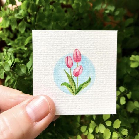 Watercolor Art Small Paper, Tiny Watercolour Painting, Tiny Watercolor Paintings, Learn Watercolor Painting, Watercolor Postcard, Watercolor Flowers Tutorial, Watercolor Tulips, Easy Canvas Art, Diy Watercolor Painting