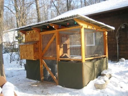 Linda and Robert's Garden Coop chicken coop, all ready for a Wisconsin winter.  Tarp at bottom to keep out snow. Winter Chicken Coop, Chicken Coop Winter, Backyard Homesteading, Farm Pets, Houses Australia, Chicken Houses, Wisconsin Winter, Chickens In The Winter, Walk In Chicken Coop