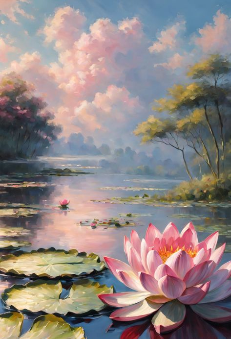 Waterlily Painting, Water Lilies Painting, Poster Color Painting, Lotus Painting, Easy Flower Painting, Waterfall Paintings, Lily Painting, Photo To Art, Print Design Art