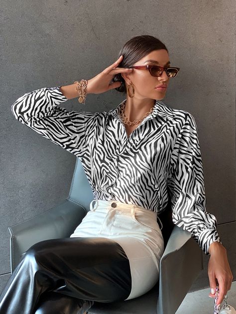 Black and White Elegant  Long Sleeve Polyester Zebra Stripe Shirt Embellished Non-Stretch Spring/Fall Women Tops, Blouses & Tee Zebra Shirt Outfit, Satin Outfit, Zebra Shirt, Curved Hem Shirt, Animal Print Outfits, Outfit Mujer, Body Suit Outfits, Hem Blouse, Stripe Shirt