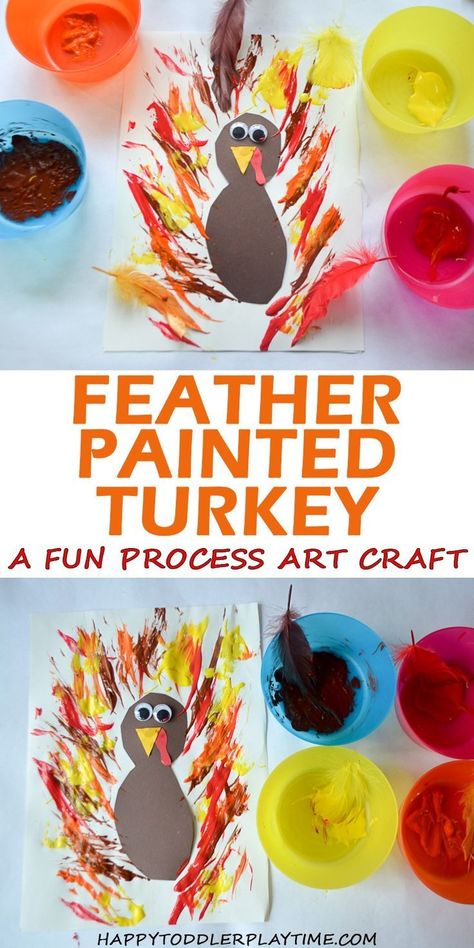 Feather Painted Turkey – HAPPY TODDLER PLAYTIME  Here is a fun and easy process art Thanksgiving craft for toddlers and preschoolers! Paint Turkey feathers with feathers! #thanksgivingcraftsforkids #kidscrafts #toddlercrafts Open Ended Art For Preschool Thanksgiving, Turkey Art Toddlers, Paint Turkey, Daycare Thanksgiving, Preschool Seasons, Easy Process Art, Turkey Activities, Painted Turkey, Thanksgiving Art Projects