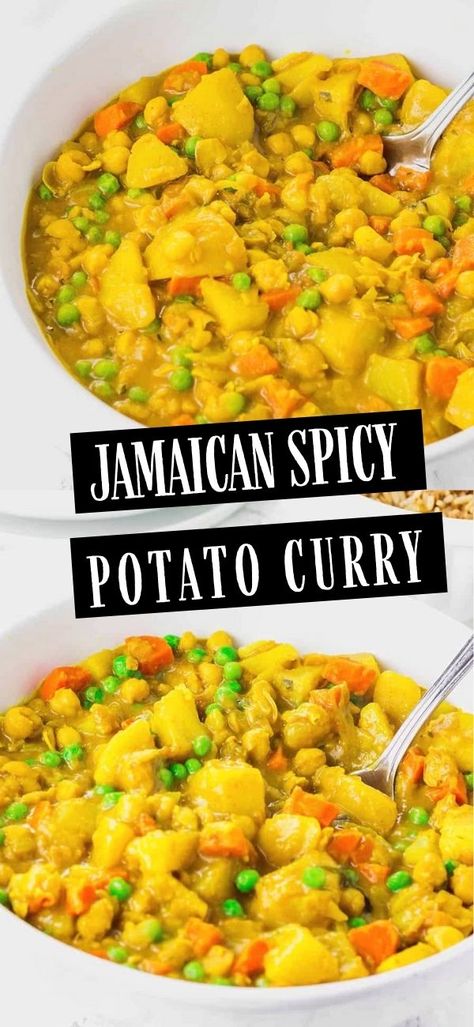 This Jamaican Spicy Potato Curry (Vegan) version is full of flavors! Chunky potatoes are cooked in spices along with chickpeas, carrots, and green peas. Spicy Vegan Recipes, Vegan Curry Recipes, Jamaican Cuisine, Jamaican Dishes, Vegetarian Curry, Potato Curry, Curry Dishes, Vegetable Curry, Jamaican Recipes