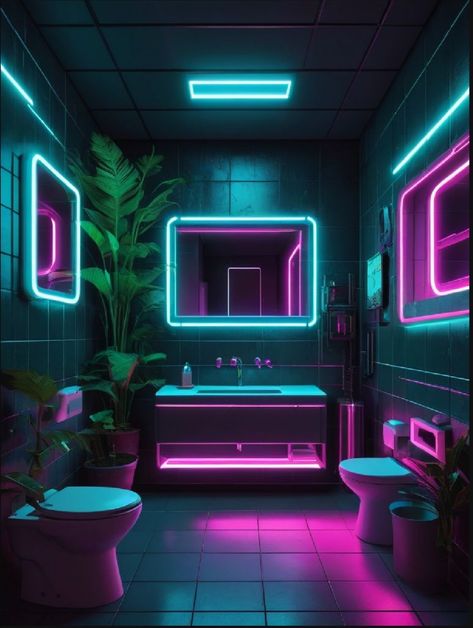 Cyberpunk Bathroom, Neon Lounge, Neon Guts, Neon Bathroom, Neon House, Tropical Neon, Scifi Interior, Neon Tattoo, Disco Bar