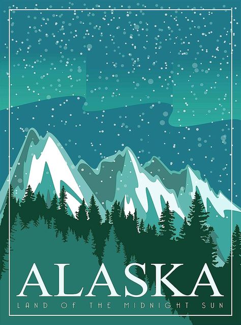 High resolution retro poster on glossy paper. 🏔️ Yukon Aesthetic, Alaska Illustration, Alaska Poster, Alaska Art, Winter Poster, Procreate Ipad Art, Scrapbook Titles, Artwork Ideas, Procreate Ipad