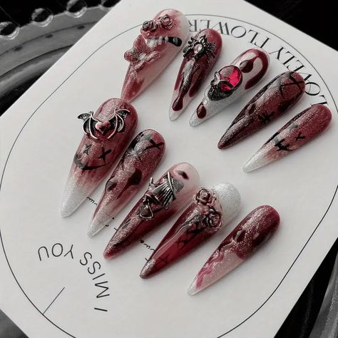 Handmade Cyberpunk Style Burgundy False Nails Long Stiletto - Temu Handmade Nails, Skull Spider, Long Stiletto Nails, Slow Design, Glamorous Nails, 3d Rose, Cyberpunk Style, Almond Shaped, Skull Decor