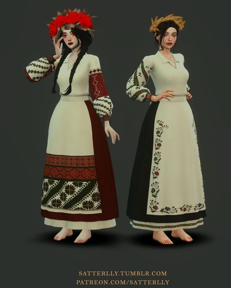 Ukrainian dress - Daryna | satterlly на Patreon Flares Outfit, Russian Dress, Sims 4 Decades Challenge, Magic Clothes, Sims Medieval, Alpha Cc, Sims Stories, Ukrainian Clothing, Ukrainian Dress