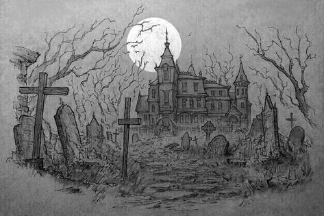 Cemetery Drawing, Haunted House Drawing, Graveyard Tattoo, Gothic Drawings, Sketch Painting, Krishna Art, Art Challenge, Art Portfolio, Art Inspiration Drawing