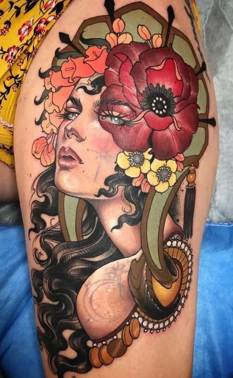 Neotraditional Portrait, Traditional Thigh Tattoo, Neo Traditional Art, Traditional Tattoo Woman, Traditional Tattoo Design, Traditional Tattoo Art, Tattoo Portfolio, Thigh Tattoos Women, Traditional Tattoos