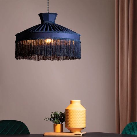 https://www.bhs.com/media/mf_webp/jpg/media/wysiwyg/darcy-fringed-easyfit-shade-blue-light-c01-39002093_5.webp Dark Elegance, Pendant Shade, Mood Lighting, Maximalist Decor, Electrical Installation, Touch Lamp, Minimalist Interior Design, Retro Lighting, Arc Floor Lamps