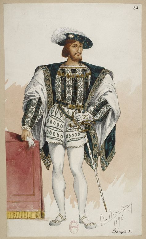 François I (1890), costume design by Charles Bianchini (1860-1905), for “Ascanio” (1888), by Camille Saint-Saëns (1835-1921). Charles Bianchini, Elizabethan Clothing, 1500s Fashion, Costume Design Sketch, Period Outfit, Medieval Clothing, Illustration Fashion Design, Period Costumes, Medieval Fashion